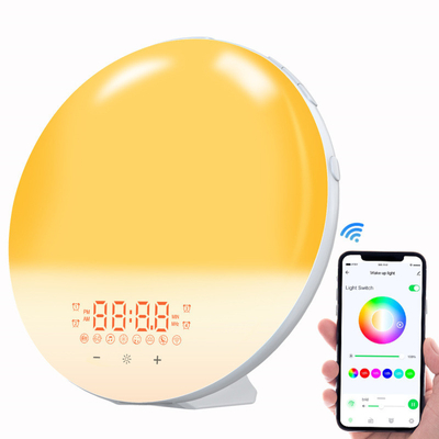 2022 New Smart APP Sunrise Wake up Light Alarm Clock with 8 Natural Music Sunrise Simulation Bedside Night light with FM