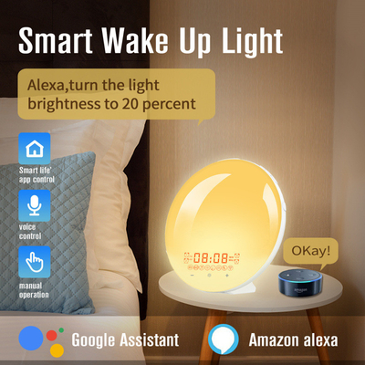 2022 New Smart APP Sunrise Wake up Light Alarm Clock with 8 Natural Music Sunrise Simulation Bedside Night light with FM